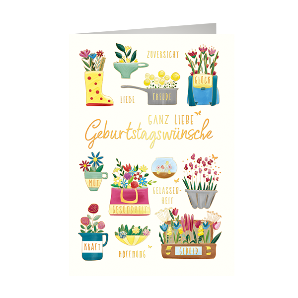 Geburtstag Skorpions Art - Glückwunschkarte im Format 11,5 x 17 cm mit Umschlag - Blumen in verschiedenen Gefäßen - mit Goldfolie