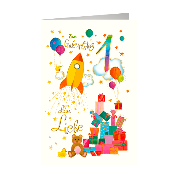 1. Geburtstag Glückwunschkarte mit Umschlag Rakete, Luftballons, Geschenke mit Goldfolie