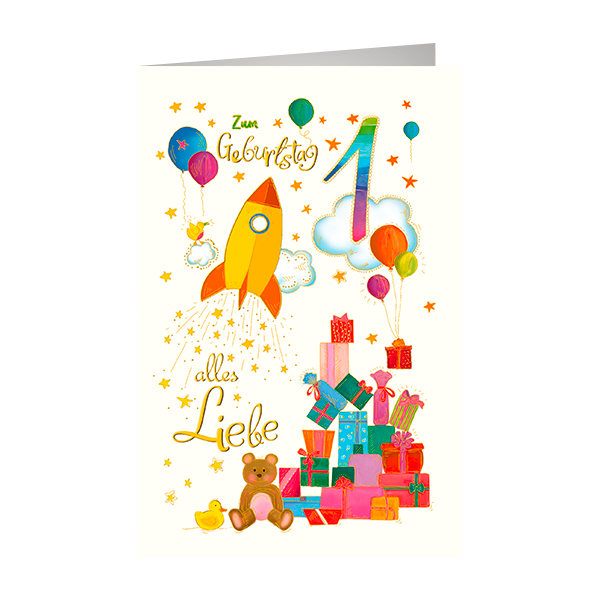 1. Geburtstag - Karte mit Umschlag - Rakete und Geschenke - mit Goldfolie