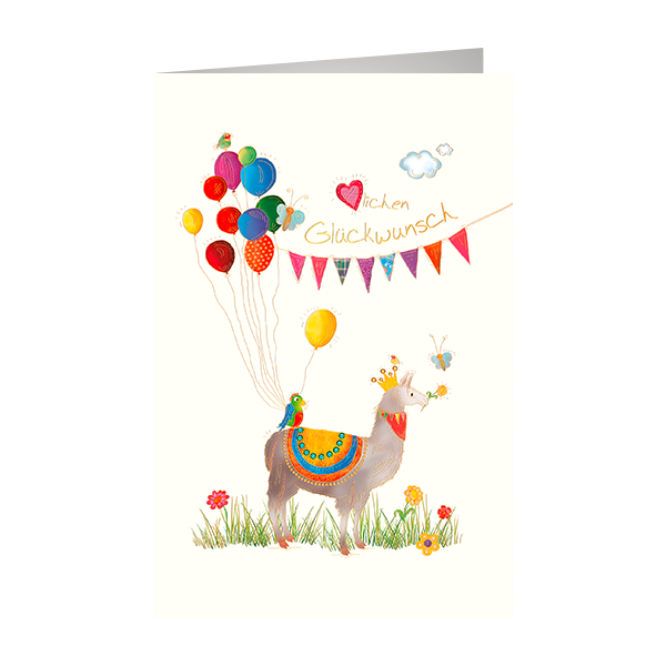 Allgemeine Wünsche - Glückwunschkarte im Format 11,5 x 17 cm mit Umschlag - Lama mit Luftballons, Vögel, Schmetterlinge, Blumen - mit Goldfolie