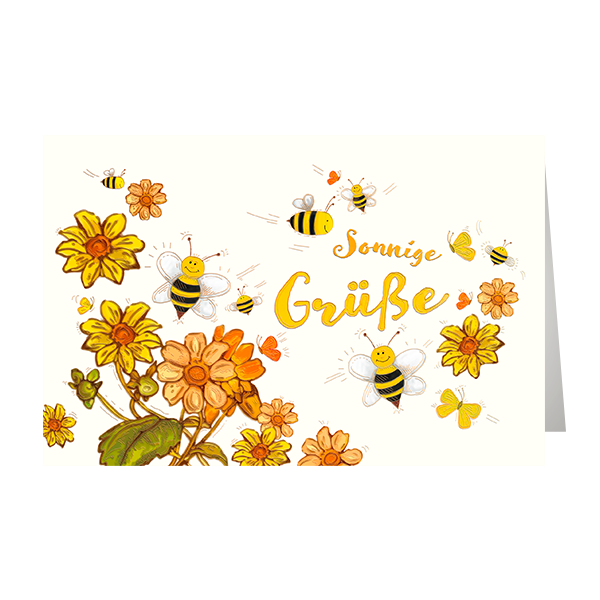 Allgemeine Wünsche - Glückwunschkarte im Format 11,5 x 17 cm mit Umschlag - Sonnige Grüße - Blumen, Bienen - mit Goldfolie