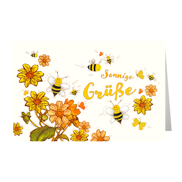 Allgemeine Wünsche Glückwunschkarte mit Umschlag Sonnige Grüße Blumen, Bienen mit Goldfolie