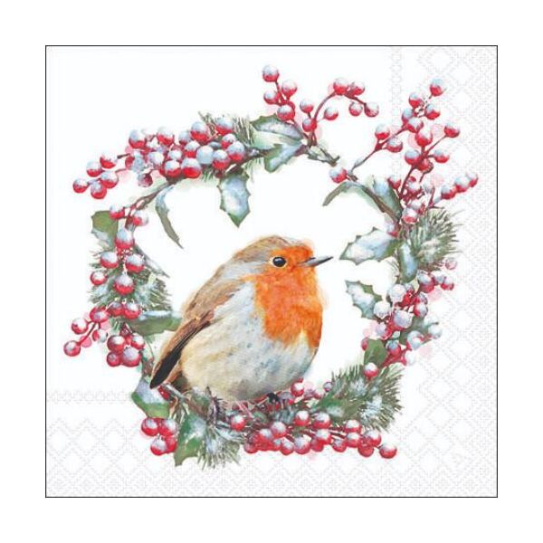 A Weihnachten Cocktail Servietten 25 x 25 cm 3-lagig 20 Servietten Robin In Wreath Vogel auf Kranz