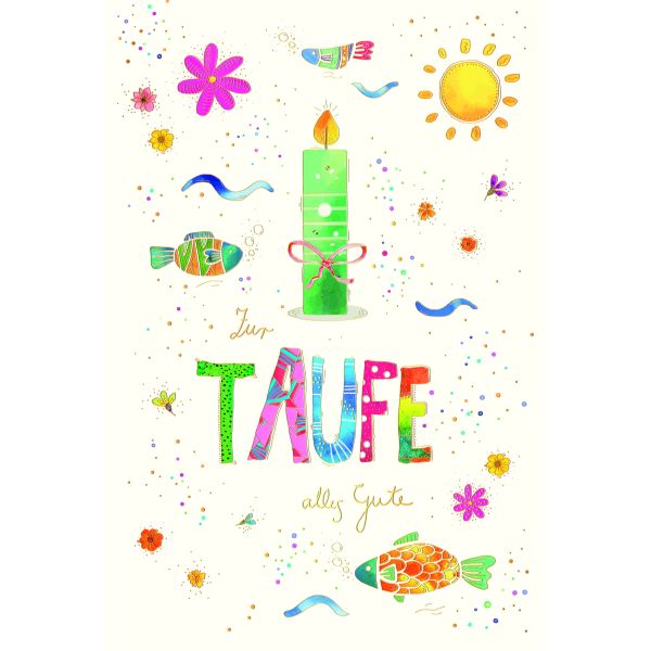 Taufe Glückwunschkarte mit Umschlag Brennende Kerze, Blüten, Fische mit Goldfolie