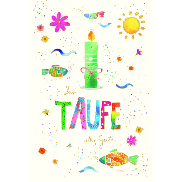 Taufe Glückwunschkarte mit Umschlag Brennende Kerze, Blüten, Fische mit Goldfolie