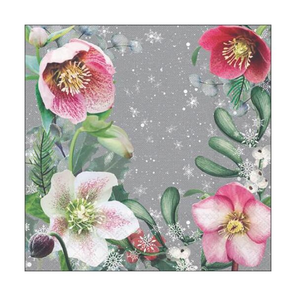 Weihnachten Cocktail Servietten 25 x 25 cm 3-lagig 15 Servietten Helleborus Orientalis Grey Blumen grau