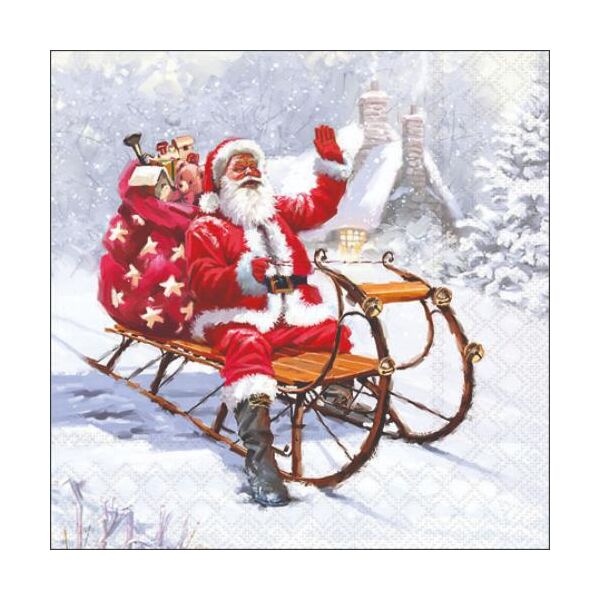 Weihnachten Cocktail Servietten 25 x 25 cm 3-lagig 20 Servietten Santa On Sledge Weihnachtsmann auf Schlitten