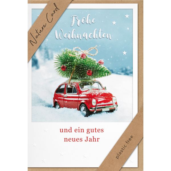 A Weihnachten - Nature Cards Handmade - Glückwunschkarte im Format 11,5 x 17 cm mit Briefumschlag - Auto mit Tannenbaum auf Dach