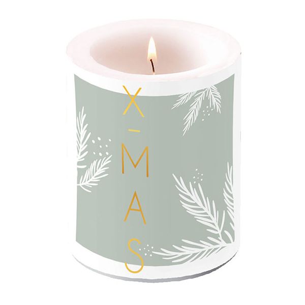 Weihnachten Kerze gross Candle Big Format: Ø 12 cm x 10 cm  X-Mas Green grün-grau