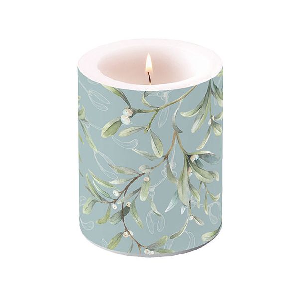 Weihnachten Kerze gross Candle Big Format: Ø 12 cm x 10 cm Mistletoe All Over Green Mistelzweig