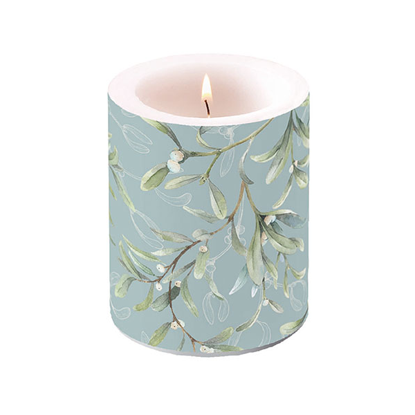 Weihnachten Kerze gross Candle Big Format: Ø 12 cm x 10 cm Mistletoe All Over Green Mistelzweig