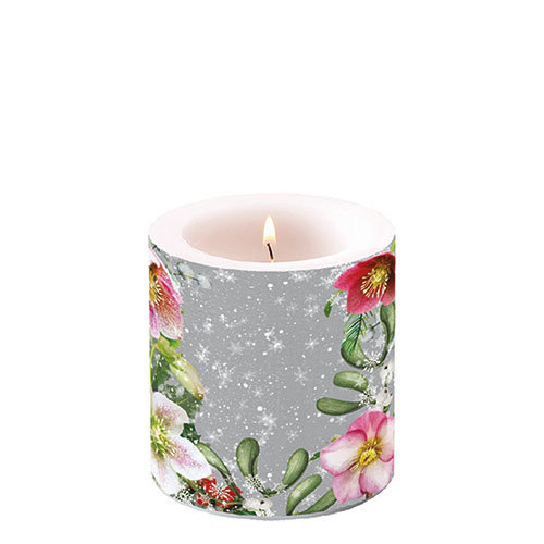 Weihnachten – Kerze klein – Candle small – Format: Ø 7,5 cm x 9 cm – Brenndauer: 35 Std. - 1 Kerze pro Packung – Helleborus Orientalis Grey