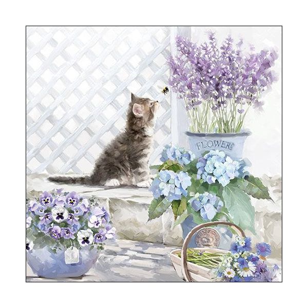 Servietten Lunch Kitten Katze mit Lavendel 33x33cm 20 Servietten