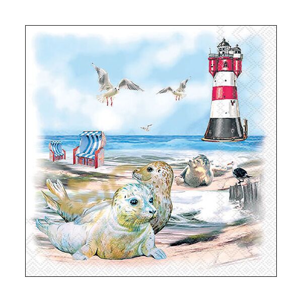A Servietten Lunch Napkin Lunch Format: 33 x 33 cm 3-lagig 20 Servietten Seals On Beach Seehunde am Strand Leuchtturm