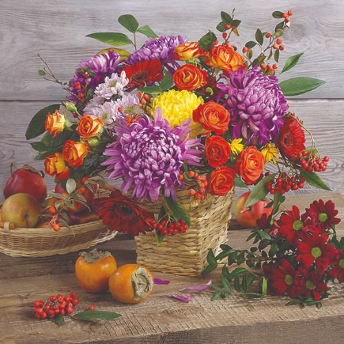 Herbst - Servietten Lunch – Napkin Lunch – Format: 33 x 33 cm – 3-lagig – 20 Servietten pro Packung - Autumn Bouquet – Herbstblumen Korb - Ambiente