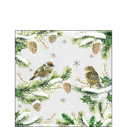 A - Weihnachten - Cocktail Servietten 25 x 25 cm – 3-lagig – 15 Servietten pro Packung –  Sparrows In Snow FSC Mix - Vögel im Schnee