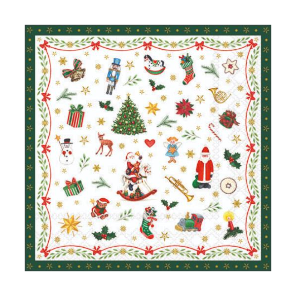 Weihnachten Cocktail Servietten 25 x 25 cm 3-lagig 15 Servietten Ornaments All Over Green