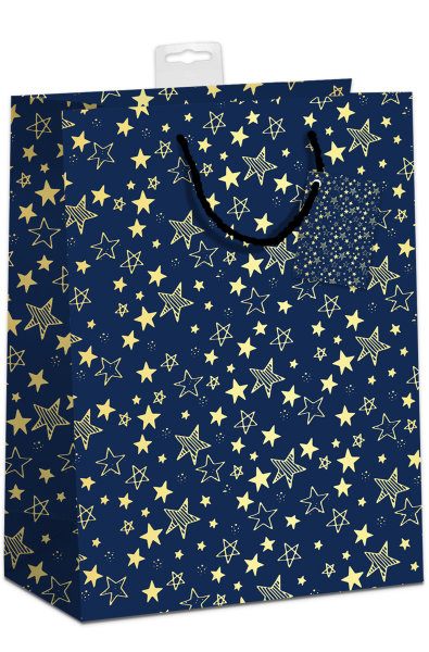 Weihnachten – Geschenktasche Jumbo - Geschenktüten im Format 10 x 39 cm - Sterne, mit Goldfolie, mit Kordel, Namenskarte & Eurolochvorrichtung