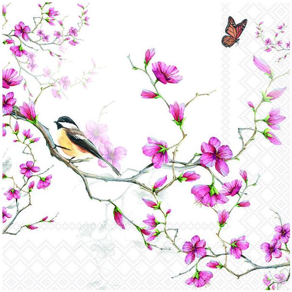 Servietten Lunch Vögel auf Ästen mit Kirschblüten Bird & Blossom White 33x33cm 20 Servietten
