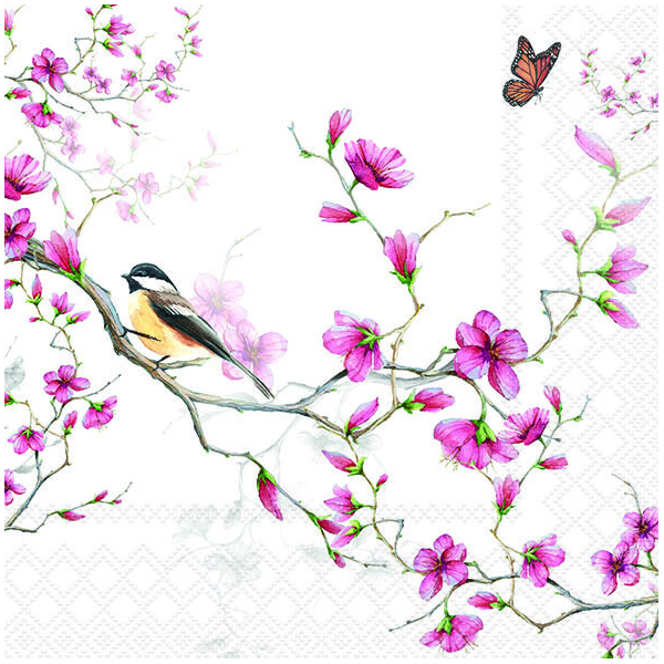 Servietten Lunch Vögel auf Ästen mit Kirschblüten Bird & Blossom White 33x33cm 20 Servietten