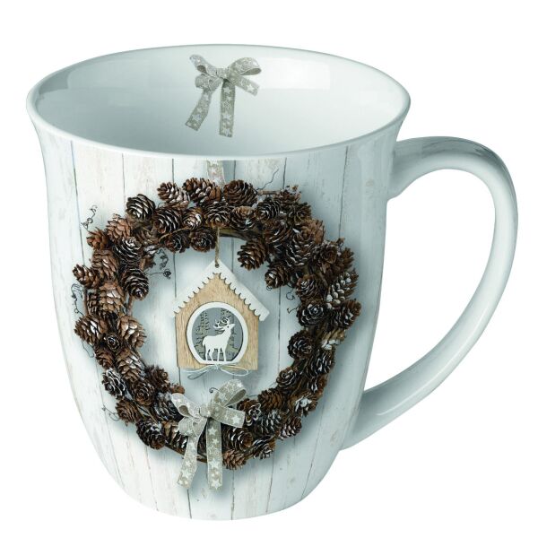 Weihnachten Becher Mug 0.4 L Fine Bone China Ø 10 cm x H 10,5 cm Tannenzapfenkranz Hirsch Vogelhäuschen Schwarzwald