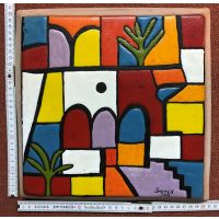 Kachelbild - bemalte Terracottaplatte - 1 große...