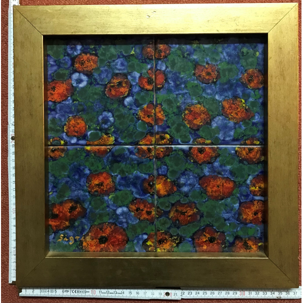 Kachelbild mit Rahmen - 2x2 Kacheln im Format 15x15cm - Gesamtgröße mit Rahmen 37,5 x 37,5 cm - Dekor: Blumen frei nach Claude Monet