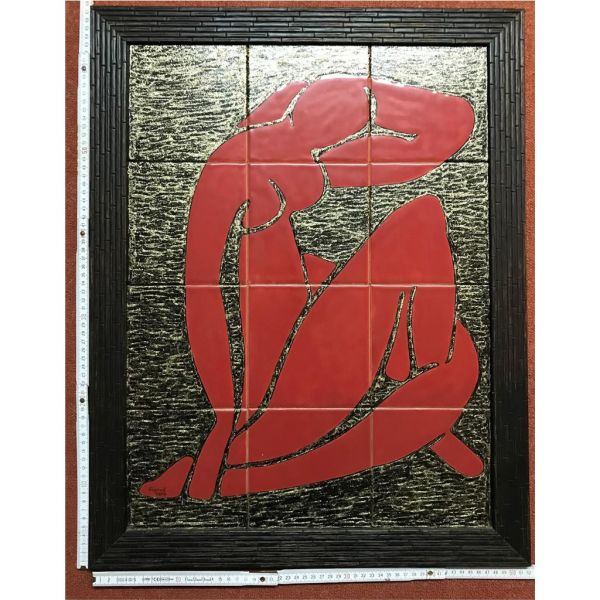 Kachelbild mit Goldlegierung und edlem Rahmen - 3x4 Kacheln im Format 15x15cm - Gesamtgröße mit Rahmen 52 x 67cm - Rotlady auf Gold - inspiriert von Henri Matisse