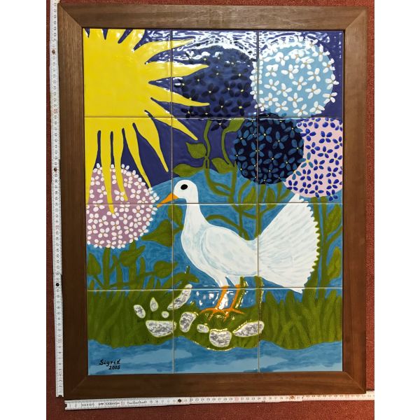 Kachelbild mit Rahmen - 3x4 Kacheln im Format 15x15cm - Gesamtgröße mit Rahmen 53 x 68cm - Dekor: Paradiesvogel