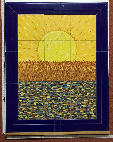 Kachelbild mit Rahmen - 3x4 Kacheln im Format 15x15cm - Gesamtgröße mit Rahmen 60 x 76cm - Dekor: Sonne über Weizenfeld - inspiriert bei van Gogh