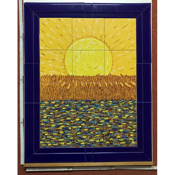 Kachelbild mit Rahmen - 3x4 Kacheln im Format 15x15cm - Gesamtgröße mit Rahmen 60 x 76cm - Dekor: Sonne über Weizenfeld - inspiriert bei van Gogh