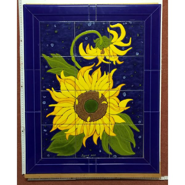Kachelbild mit Rahmen - 3x4 Kacheln im Format 15x15cm - Gesamtgröße mit Rahmen 60 x 76cm - Dekor: Sonnenblume