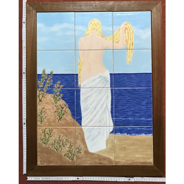 Kachelbild mit Rahmen - 3x4 Kacheln im Format 15x15cm - Gesamtgröße mit Rahmen 53 x 68cm - Dekor: Jugendstil - Venus - Frau am Meer
