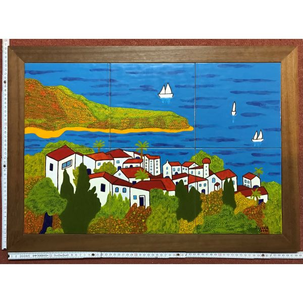 Kachelbild mit Rahmen - 3x2 Kacheln im Format 20x20 cm - Gesamtgröße mit Rahmen 68 x 48 cm - Dekor: Meereslandschaft nach Hermann Hesse