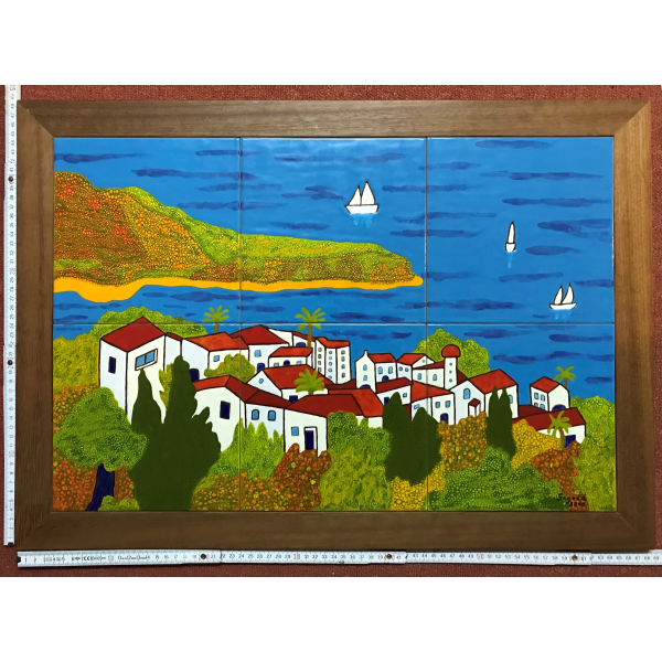 Kachelbild mit Rahmen - 3x2 Kacheln im Format 20x20 cm - Gesamtgröße mit Rahmen 68 x 48 cm - Dekor: Meereslandschaft nach Hermann Hesse