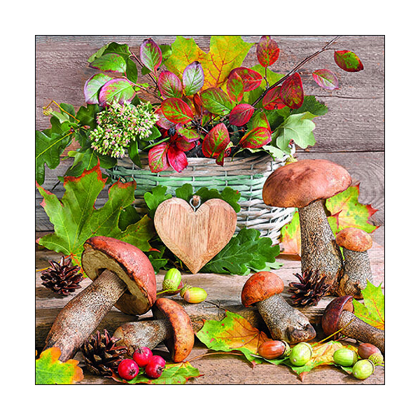 Servietten Lunch 33 x 33 cm 3-lagig 20 Servietten Herbst Wooden Heart Holzherz Pilze