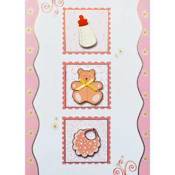 Geburt - Glückwunschkarte im DIN A4-Format 20,5 x 29,5 cm mit Briefumschlag - Pink: Fläschchen, Teddy & Latz - "--"