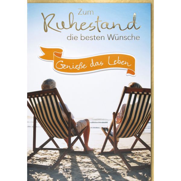 Ruhestand A4 Glückwunschkarte mit Umschlag Personen in Liegestühle am Strand