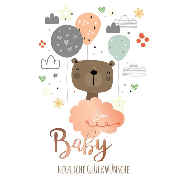 Geburt – Baby – Freudiges Ereignis - A4-Glückwunschkarte im Format 21x29,5 cm mit Umschlag - Luftballons, Wolken, Teddybär