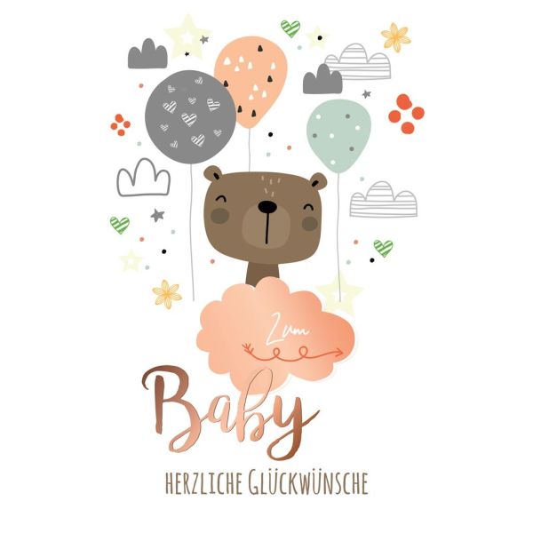 A Geburt Baby Freudiges Ereignis A4-Glückwunschkarte im Format 21x29,5 cm mit Umschlag Luftballons, Wolken, Teddybär