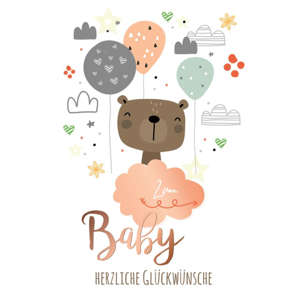 A Geburt Baby Freudiges Ereignis A4-Glückwunschkarte im Format 21x29,5 cm mit Umschlag Luftballons, Wolken, Teddybär