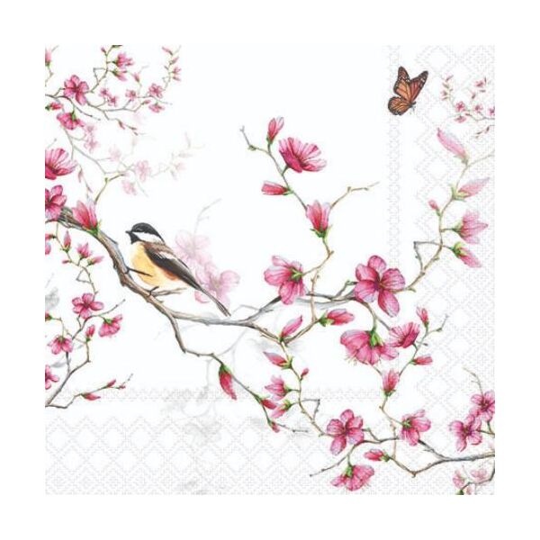 Cocktail Servietten 25 x 25 cm 3-lagig 20 Servietten Bird & Blossom White FSC Mix Vögel und Blüte weiss