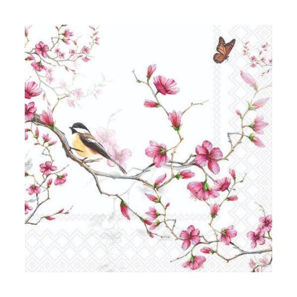 Cocktail Servietten 25 x 25 cm 3-lagig 20 Servietten Bird & Blossom White FSC Mix Vögel und Blüte weiss