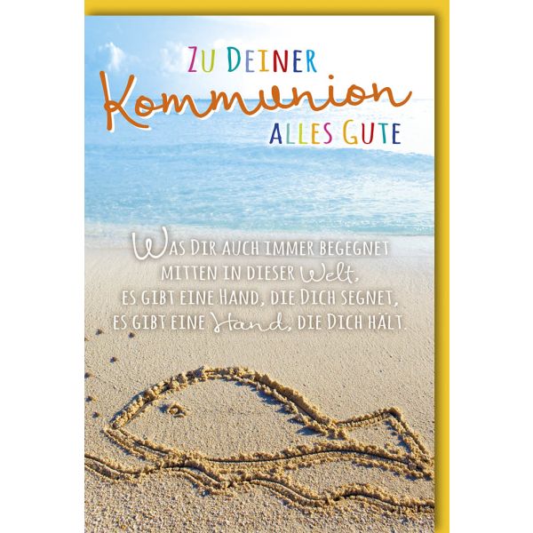 A Kommunion Grußkarte mit Umschlag "Kommunion" Fisch in Sand am Meer bunte Schrift