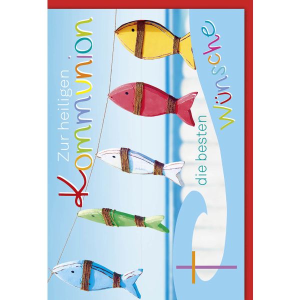 A Kommunion Glückwunschkarte mit Umschlag Fische an Leine