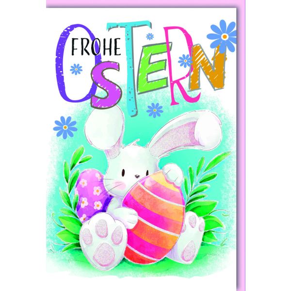 A Ostern Karte mit Umschlag Häschen mit gestreiftem Ei