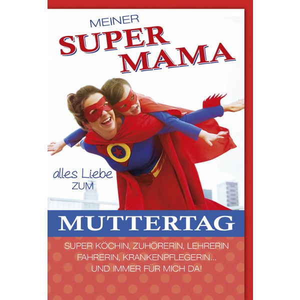 Muttertag Karte mit Umschlag Super Mama mit Kind verkleidet