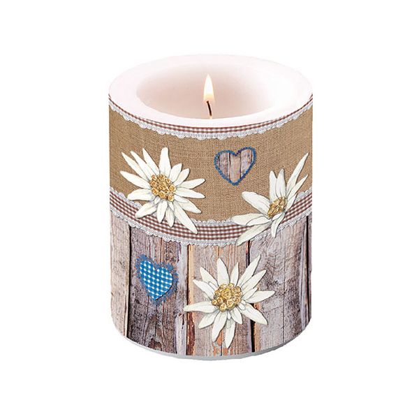 Kerze gross Candle Big Format: Ø 12 cm x 10 cm 1 Kerze pro Packung Edelweiss On Wood Edelweiss auf Holz