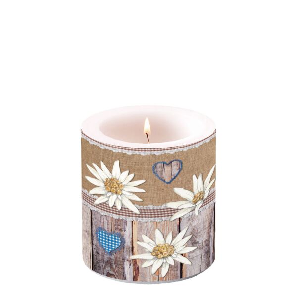 Kerze klein Candle small Format: Ø 7,5 cm x 9 cm 1 Kerze pro Packung Edelweiss On Wood Edelweiss auf Holz