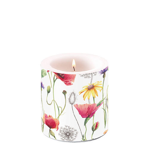 Kerze klein – Candle small – Format: Ø 7,5 cm x 9 cm – Brenndauer: 35 Std. - 1 Kerze pro Packung - Poppy Meadow – Klatschmohnwiese